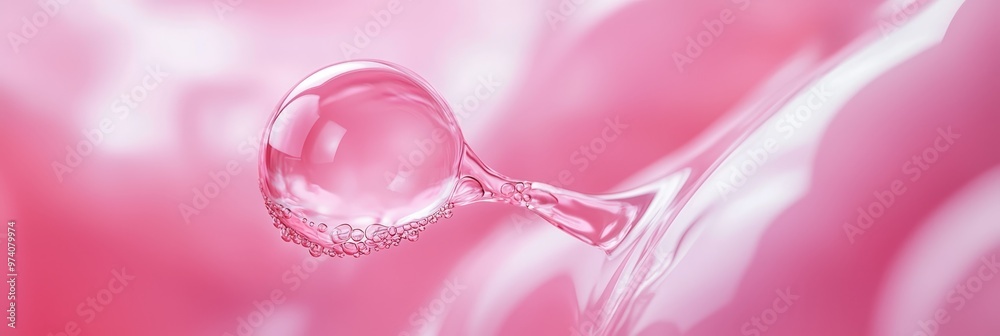 A macro shot of a raindrop on a pink backdrop, featuring a pink and white spiral swirl in the distance A macro shot of a raindrop on a pink backdrop, featuring a pink and white spiral swirl in the distance