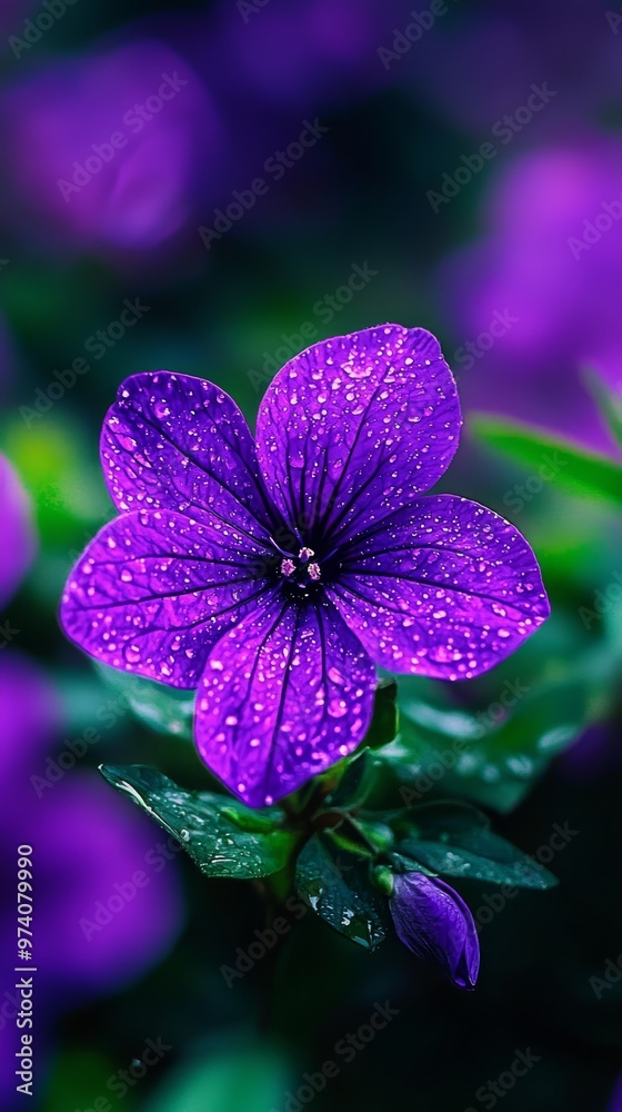 A tight shot of a purple bloom dotted with dew-kissed water drops, a verdant leaf positioned prominently in the foreground A tight shot of a purple bloom dotted with dew-kissed water drops, a verdant leaf positioned prominently in the foreground