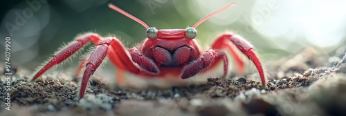  A red spider, focused closely, atop a weathered wood plank Background subtly blurred photo