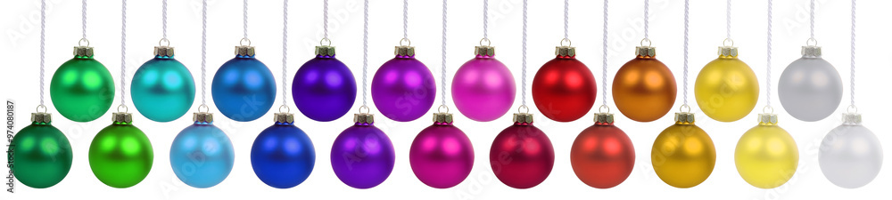 Christmas balls many baubles banner decoration ornaments hanging isolated on white