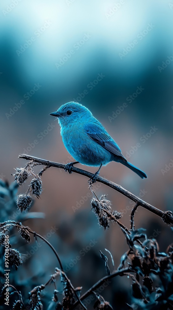 A blue bird perched on a tree branch's twig against a hazy backdrop A blue bird perched on a tree branch's twig against a hazy backdrop