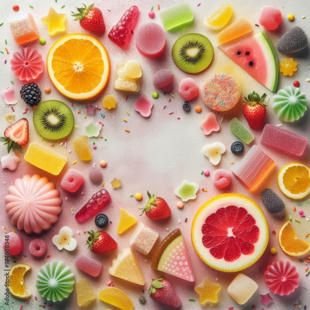 Flatlay of assorted jelly fruits and sprinkles textured background
Flatlay of assorted jelly fruits and sprinkles textured background