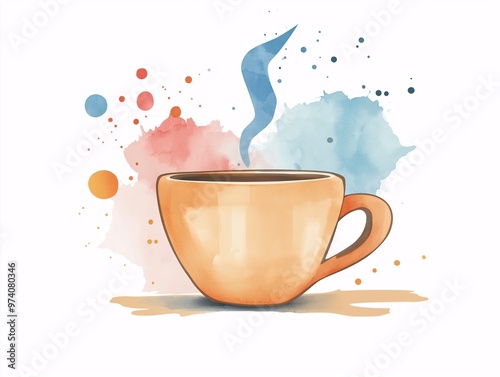 A Splash of Coffee Dreams: A steaming cup of joe against a vibrant watercolor backdrop. photo