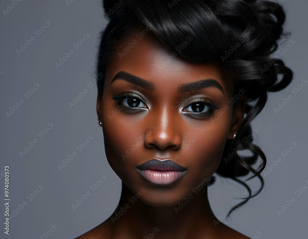 African woman model, her hair is wavy, studio shot, gray background, close-up face, full lips, beautiful eyes looking at the camera, fashion African woman model, her hair is wavy, studio shot, gray background, close-up face, full lips, beautiful eyes looking at the camera, fashion