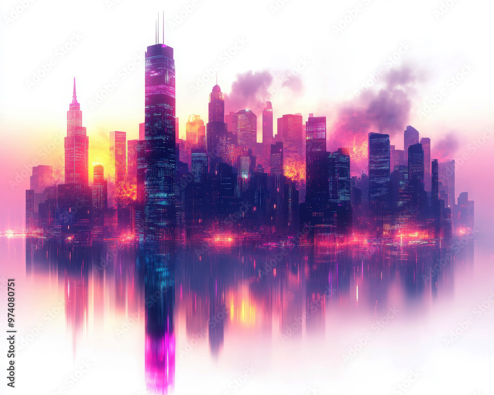 Fototapeta premium A colorful and surreal city skyline reflecting on the water, with vibrant lights and a dreamlike atmosphere at sunset.