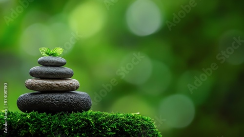 Zen stone stack on green moss with soft focus nature background. Perfect for meditation, relaxation, or spa-themed projects.