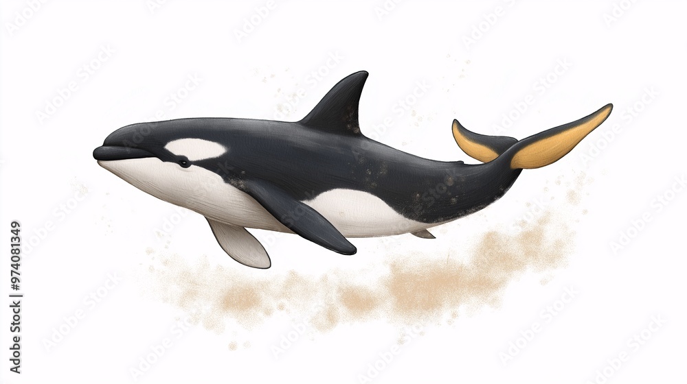 Obraz premium Breaching the Surface: A majestic orca whale leaps from the water, a spray of seafoam trailing in its wake. This digital illustration captures the power and grace of these incredible creatures. 
