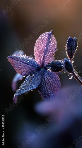  A tight shot of a purple flower, dewdrops glistening on its petals, background softly blurred