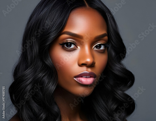 African woman model, wavy hair, beautiful makeup, studio shot, gray background, close-up of face, full lips, beautiful eyes looking at camera, fashion