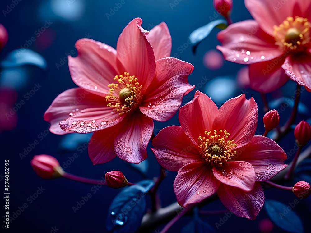 Vibrant pink flowers with water droplets showcasing natural beauty in a serene garden setting during early morning light Vibrant pink flowers with water droplets showcasing natural beauty in a serene garden setting during early morning light