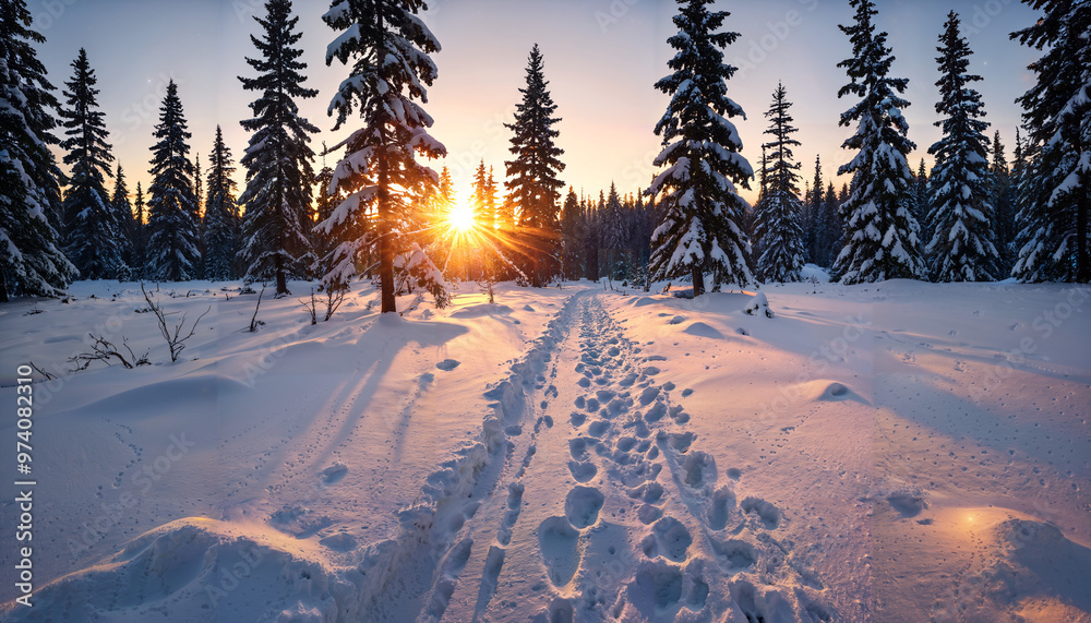 Sentier enneigé sous un coucher de soleil hivernal Sentier enneigé sous un coucher de soleil hivernal