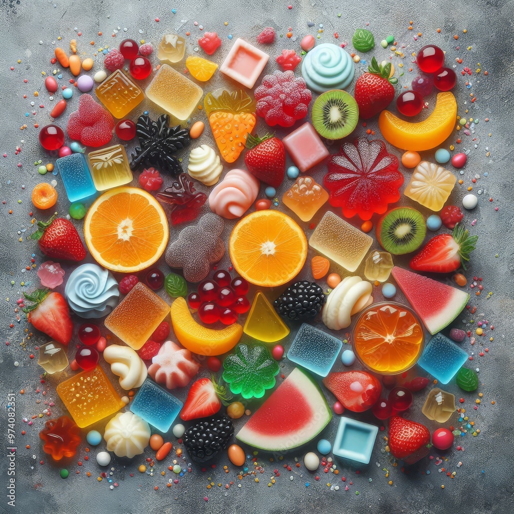 Flatlay of assorted jelly fruits and sprinkles textured background
Flatlay of assorted jelly fruits and sprinkles textured background