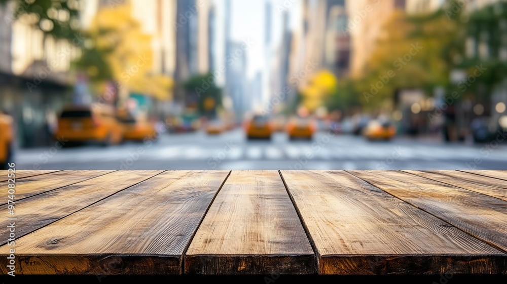 Empty wooden table with a view of a city Empty wooden table with a view of a city