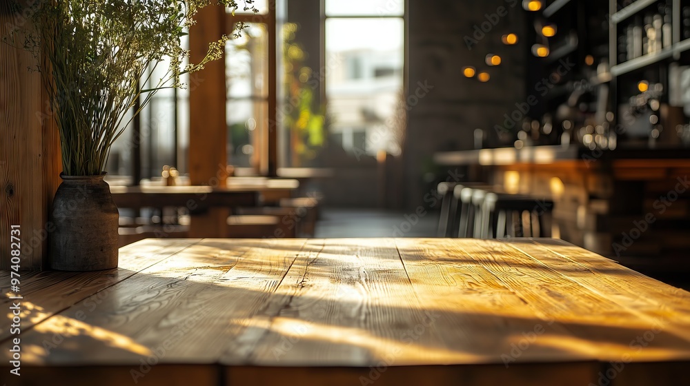 Empty wooden table with view on empty restaurant Empty wooden table with view on empty restaurant