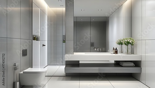 The modern and minimalist bathroom has white tiles and gray walls, equipped with large mirrors and sanitary ware, and the overall atmosphere is clean and comfortable. photo