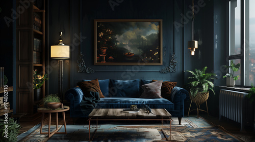 Living room with a moody color palette of dark charcoal and deep blue, featuring a velvet sofa and warm wooden accents. home interior design concept 