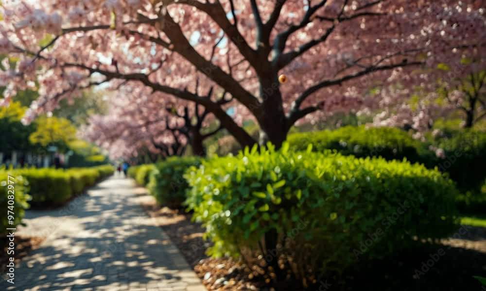 Garden walk way with beautiful pink sukura full blooming branch tree background Garden walk way with beautiful pink sukura full blooming branch tree background