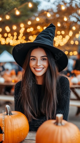 Beautiful Woman in a Black Witch Hat Enjoying a Festive Halloween Celebration