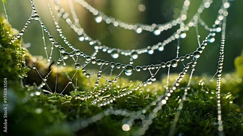 Dew-Covered Spider Web on Mossy Surface Dew-Covered Spider Web on Mossy Surface