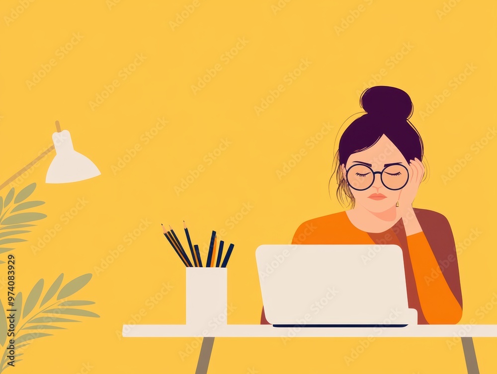 Tired Woman Working At Laptop Stressed Overworked Exhausted Desk Home Office Yellow Tired Woman Working At Laptop Stressed Overworked Exhausted Desk Home Office Yellow