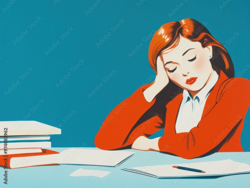 Exhausted Student Woman Studying With Books and Pencil Exhausted Student Woman Studying With Books and Pencil