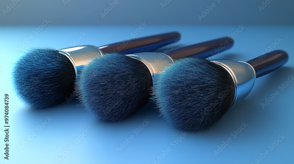 Three professional makeup brushes arranged neatly on a blue background, perfect for beauty and cosmetic-themed projects.