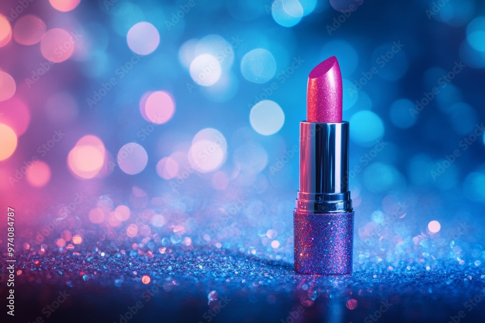 A vibrant pink lipstick with shimmering glitter on an enchantingly magical background A vibrant pink lipstick with shimmering glitter on an enchantingly magical background