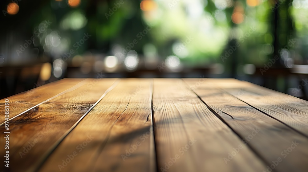Empty wooden table with view on empty restaurant Empty wooden table with view on empty restaurant