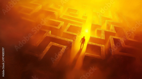 Solitary Man in Burnt Labyrinth at Sunset, Digital Art Illustration of Destroyed Maze, Apocalyptic Theme, Symbolizing Perseverance and Desolation