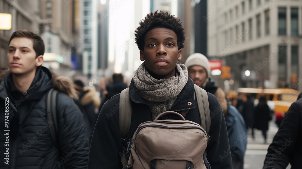 Fototapeta premium Navigating the Urban Maze: A young man navigates the bustling streets of New York City, his determined gaze reflecting the city's vibrant energy. 