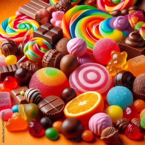 Delicious candy with orange background 