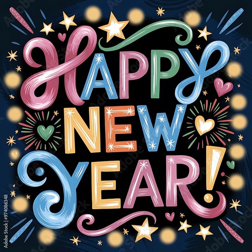 Colorful handdrawn lettering quotHappy New Yearquot with decorative elements