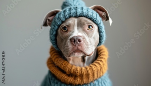 A dog dressed warmly in cozy knitwear, including a blue beanie and a mustard scarf, giving a winter charm and cozy feel. photo