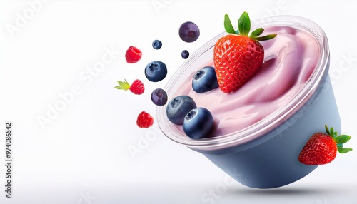 Delicious yogurt topped with fresh strawberries and blueberries, perfect for healthy desserts or snacks.