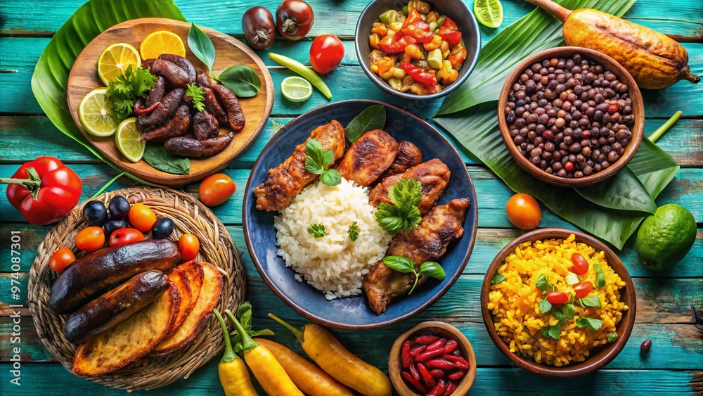 Fototapeta premium Colorful arrangement of traditional Dominican dishes, including rice, beans, plantains, and grilled meats, against a