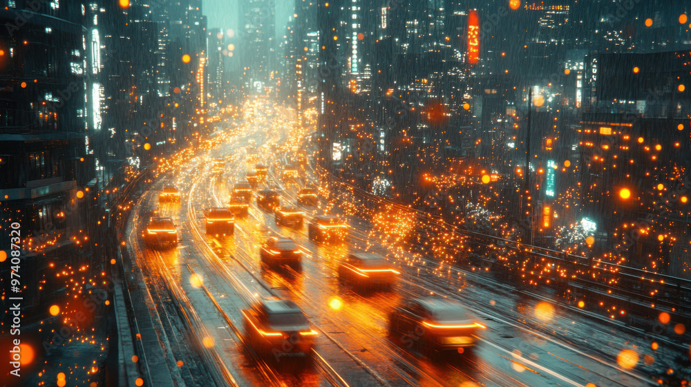 Obraz premium Abstract Night Cityscape with Blurred Traffic and Bokeh Effects. Urban Street Scene Capturing the Brightness of Moving Cars.