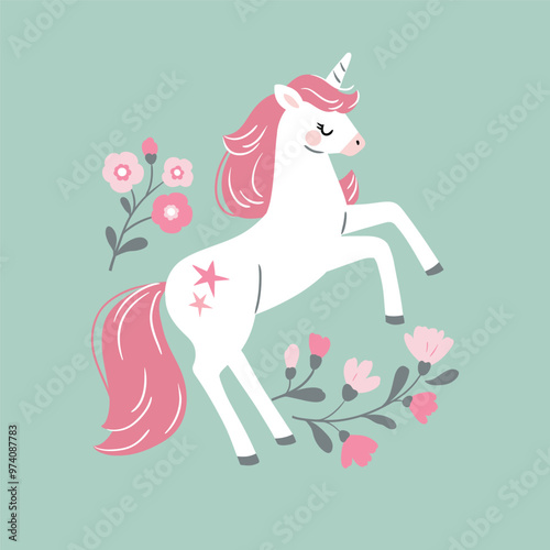 Hand drawn vector cute unicorn with flowers. Perfect for tee-shirt logo, greeting card, sticker, clip art or nursery decor. EPS10 vector file.