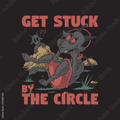 retro cartoon emblem of goat trapped in the circle