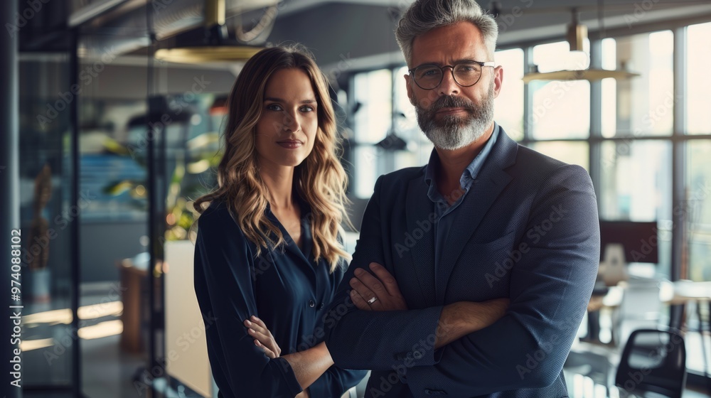 A man and a woman are standing in a room with a large window A man and a woman are standing in a room with a large window