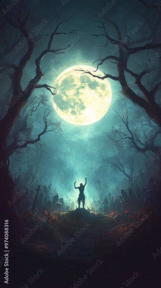 Zombie rising from the grave in an eerie full moon Halloween scene. Zombie rising from the grave in an eerie full moon Halloween scene.