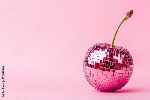 Fototapeta Naklejka Na Ścianę i Meble -  mirror disco ball cherry on a pink background with copy space