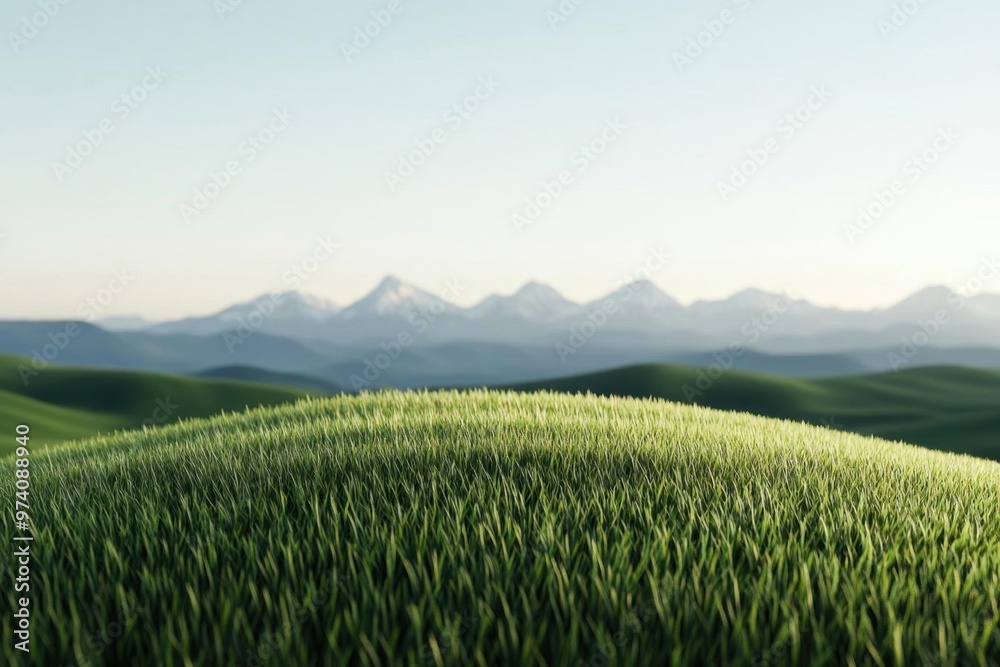 Fototapeta premium Frame mockup on a grassy hill, rolling plains ecosystem with distant mountains, 3D illustration