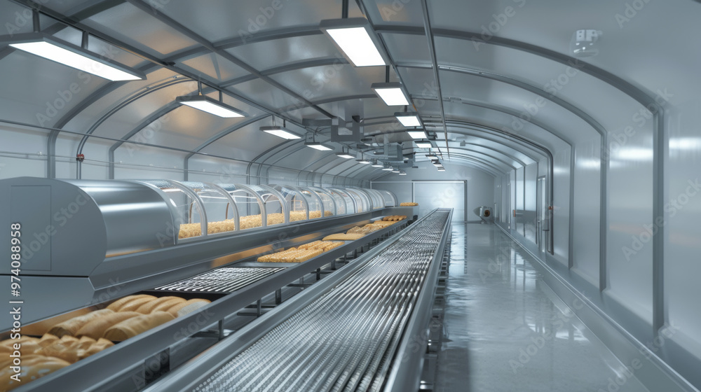 Obraz premium Cooling Tunnels: Conveyor belt systems for cooling baked goods after baking