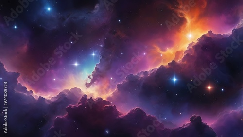 Digital artwork of a vibrant and colorful outer space scene with stars and milky way galaxy , abstract cosmos, nebula illustration background with fantasy color clouds