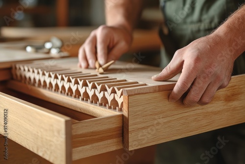 Craftsman meticulously working on a wooden drawer with precise details, showcasing woodworking skill and craftsmanship.