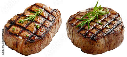 Grilled Perfection: Two perfectly seared steaks, showcasing the artistry of grilling and the enticing aroma of a summer barbecue, isolated on transparent background.   photo