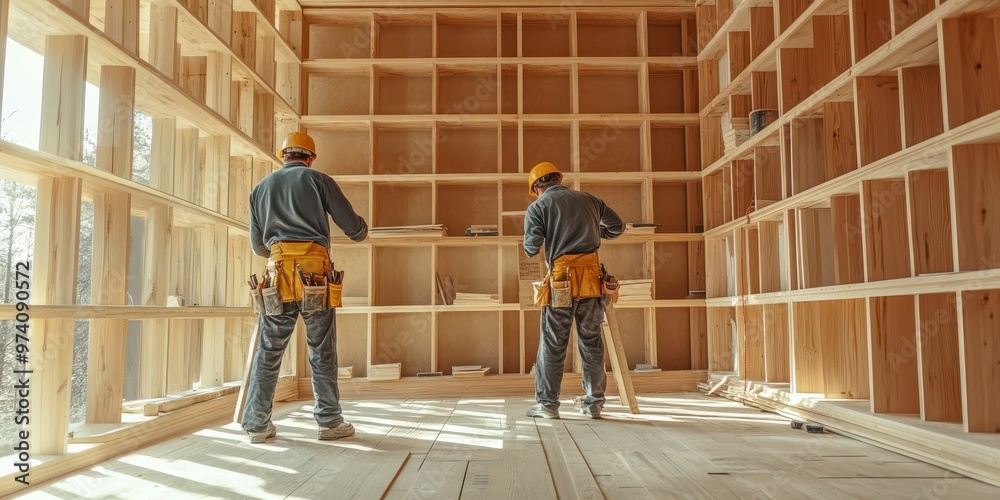 Fototapeta premium Two construction workers build wooden shelves in a bright, spacious interior, showcasing their teamwork and craftsmanship.