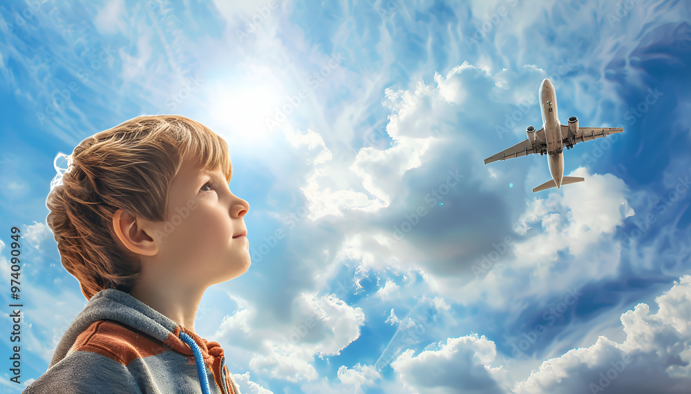 boy on the nature background looking at the sky, where a real plane is flying boy on the nature background looking at the sky, where a real plane is flying