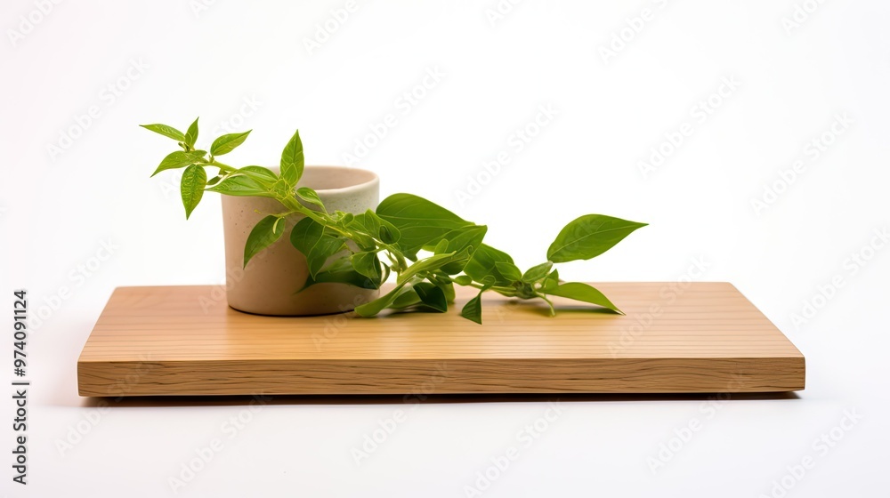 Green plant in a pot on a wooden tray Green plant in a pot on a wooden tray