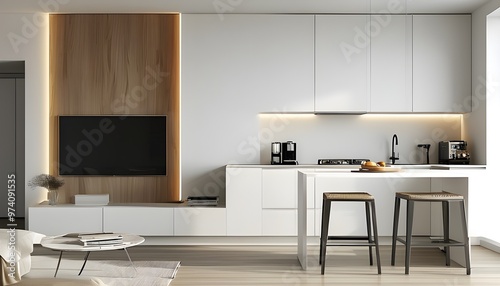 Modern minimalist apartment design featuring multifunctional spaces with TV, kitchen cabinets, dining table, bar counter, and sleek cabinetry for coffee machine. photo